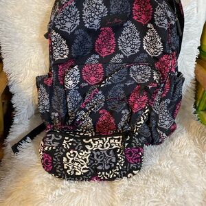 Vera Bradley Black and Pink Leaf Pattern Backpack
